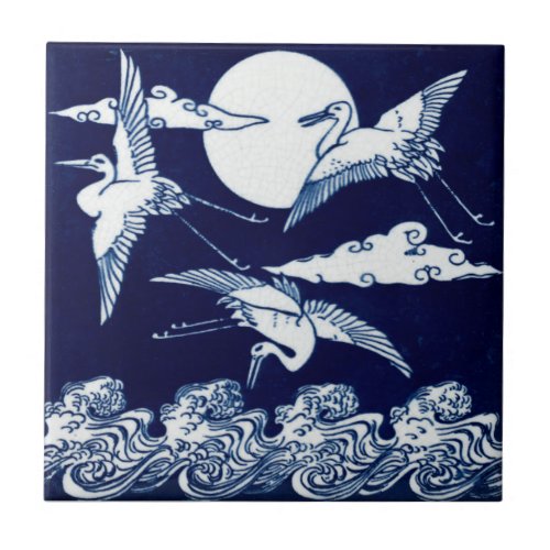 Vintage Victorian Era Japanese Cranes Over Moon Ceramic Tile