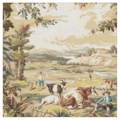 Vintage Victorian Era Pastoral Farm Scene Pattern Fabric