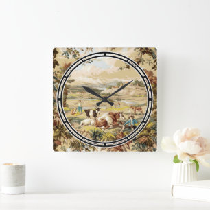 Vintage Victorian Era Pastoral Farm Scene Square Wall Clock