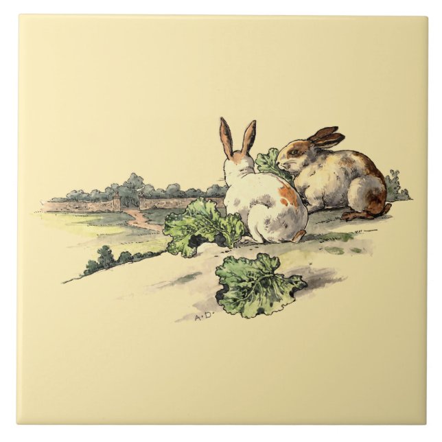 Vintage Victorian Era Rabbits Ceramic Tile (Front)