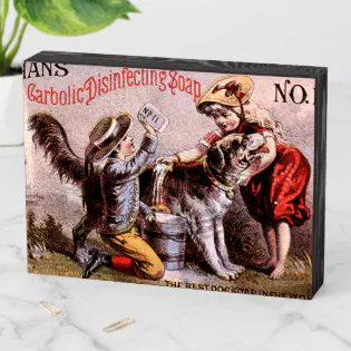 Vintage Victorian Era Soap Ad with Dog &amp; Children Wooden Box Sign