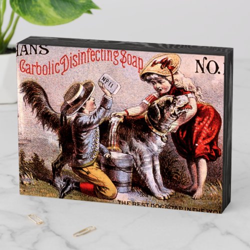 Vintage Victorian Era Soap Ad with Dog  Children Wooden Box Sign