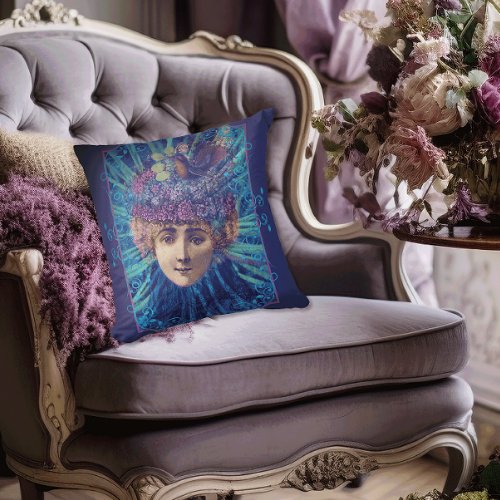 Vintage Victorian Fashion Diva with Flower Hat Throw Pillow