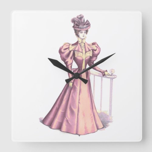 Vintage Victorian Fashion Woman in Pink Dress Square Wall Clock