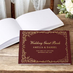 Vintage Victorian Floral Burgundy Wedding Foil Guest Book