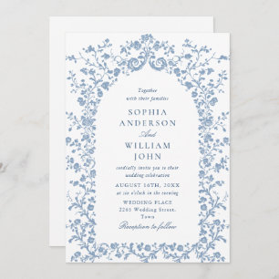 Vintage Victorian Floral Dusty Blue Sketch Wedding Invitation