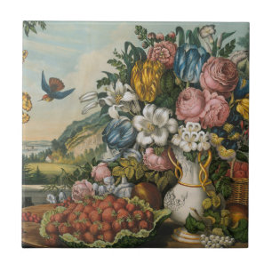 Vintage Victorian Floral & Fruit Still Life Art Ceramic Tile