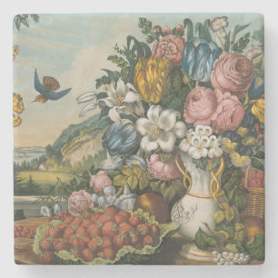 Vintage Victorian Floral & Fruit Still Life Art Stone Coaster