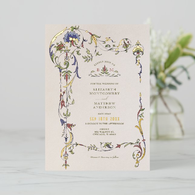 Vintage Victorian Floral Ornaments Wedding Foil Invitation