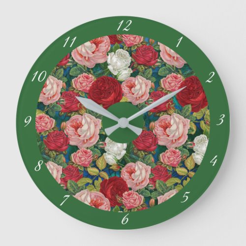 Vintage Victorian Floral Roses Red Pink Green Large Clock