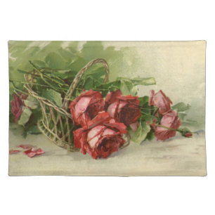 Vintage Victorian Flowers, Red Roses Cloth Placemat