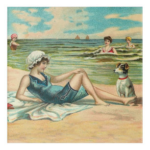 Vintage Victorian Girl and Dog Seaside antique art