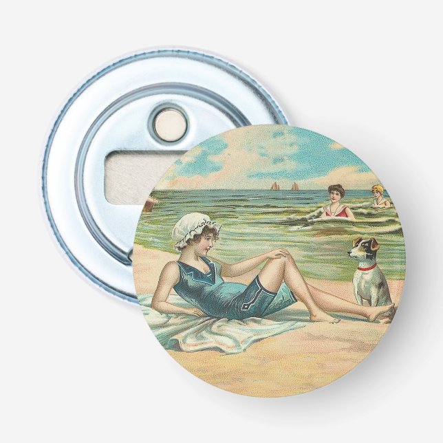 Vintage Victorian Girl and Dog Seaside antique art Bottle Opener (Front)