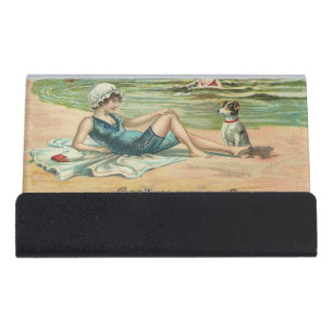 Vintage Victorian Girl and Dog Seaside antique art Desk Business Card Holder