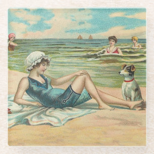 Vintage Victorian Girl and Dog Seaside antique art Glass Coaster