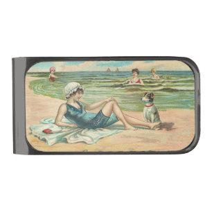 Vintage Victorian Girl and Dog Seaside antique art Gunmetal Finish Money Clip