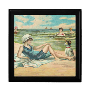 Vintage Victorian Girl and Dog Seaside antique art Keepsake Box