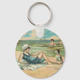 Vintage Victorian Girl and Dog Seaside antique art Keychain