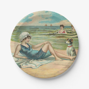 Vintage Victorian Girl and Dog Seaside antique art Paper Plates