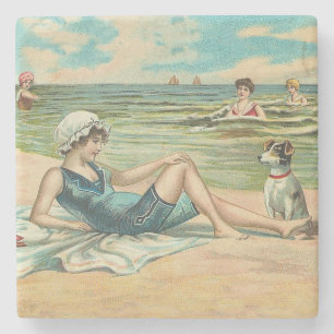 Vintage Victorian Girl and Dog Seaside antique art Stone Coaster