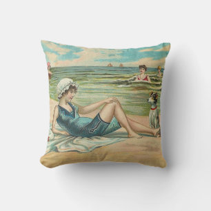Vintage Victorian Girl and Dog Seaside antique art Throw Pillow