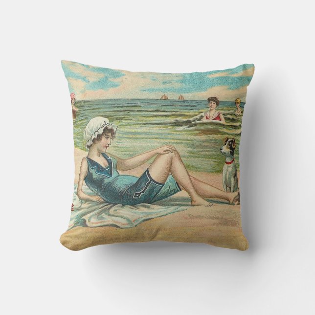 Vintage Victorian Girl and Dog Seaside antique art Throw Pillow (Front)