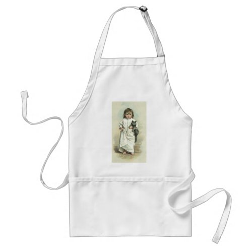 Vintage Victorian Girl in a Nightgown with Her Cat Adult Apron