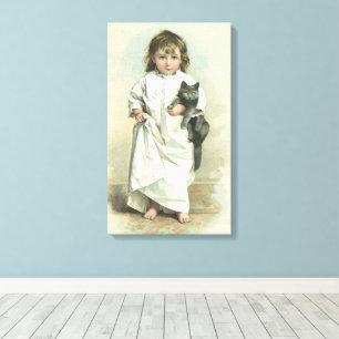 Vintage Victorian Girl in a Nightgown with Her Cat Canvas Print