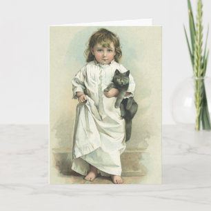 Vintage Victorian Girl in a Nightgown with Her Cat Card