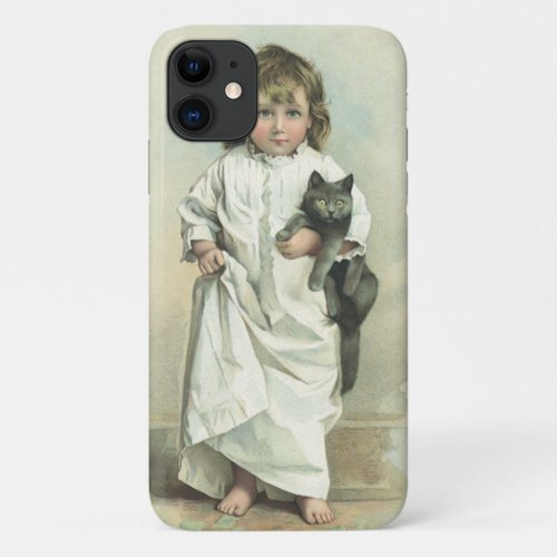 Vintage Victorian Girl in a Nightgown with Her Cat iPhone 11 Case
