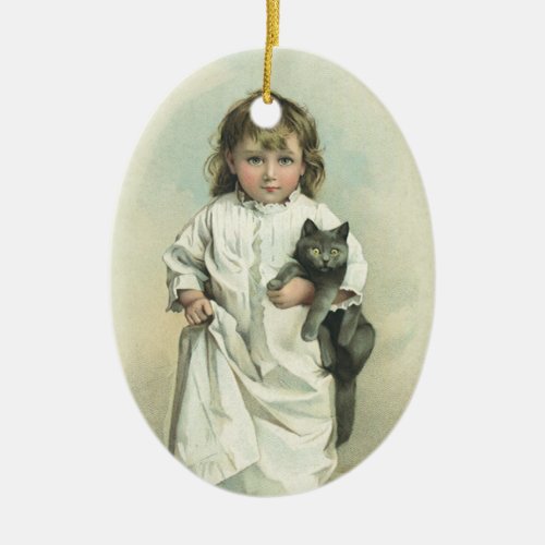 Vintage Victorian Girl in a Nightgown with Her Cat Ceramic Ornament