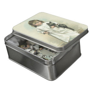 Vintage Victorian Girl in a Nightgown with Her Cat Jigsaw Puzzle