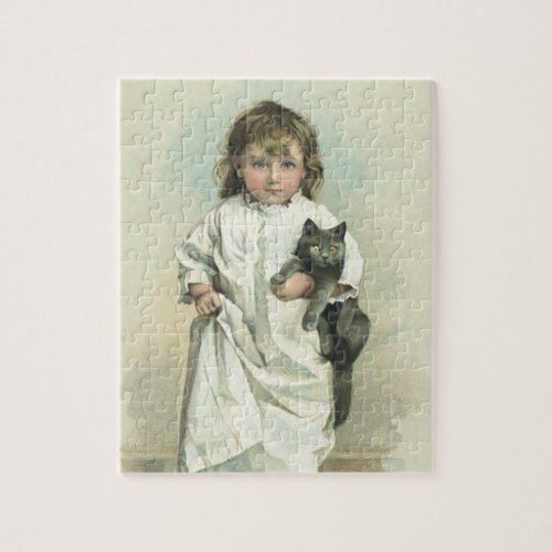 Vintage Victorian Girl in a Nightgown with Her Cat Jigsaw Puzzle