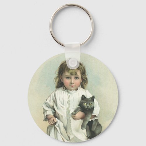 Vintage Victorian Girl in a Nightgown with Her Cat Keychain
