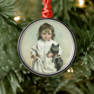 Vintage Victorian Girl in a Nightgown with Her Cat Metal Ornament