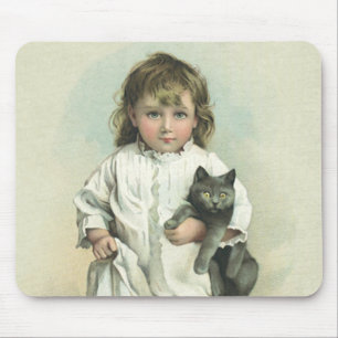 Vintage Victorian Girl in a Nightgown with Her Cat Mouse Pad