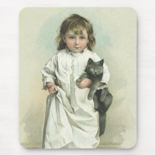 Vintage Victorian Girl in a Nightgown with Her Cat Mouse Pad