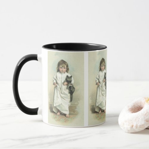 Vintage Victorian Girl in a Nightgown with Her Cat Mug