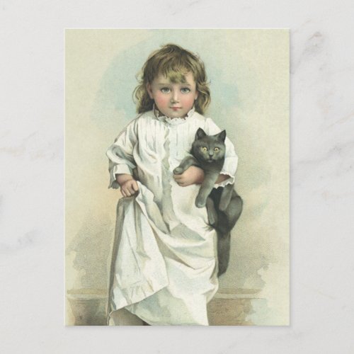 Vintage Victorian Girl in a Nightgown with Her Cat Postcard