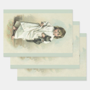 Vintage Victorian Girl in a Nightgown with Her Cat Wrapping Paper Sheets