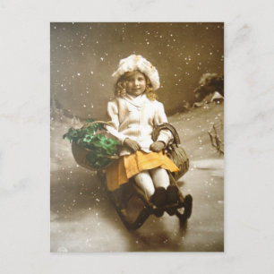 Vintage Victorian GIrl On Sled Postcard