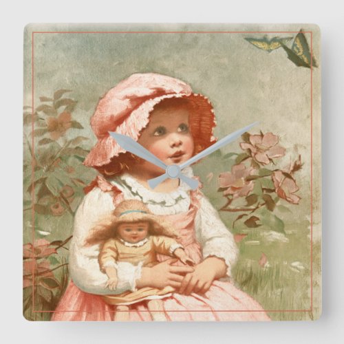 Vintage Victorian Girl with Doll Butterflies Pink  Square Wall Clock