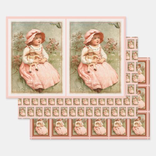 Vintage Victorian Girl with Doll Butterflies Pink Wrapping Paper Sheets