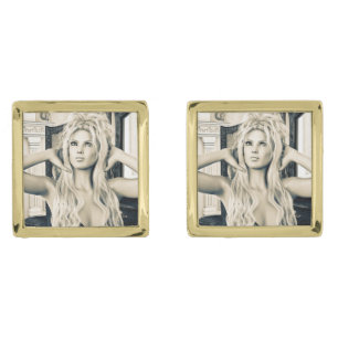 Vintage Victorian Glamour Portrait Art Gold Cufflinks