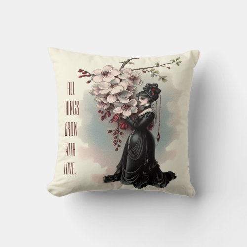 Vintage Victorian Goth Woman with Cherry Blossoms Throw Pillow