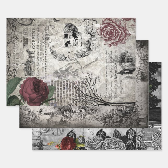 Vintage Victorian Gothic Halloween Ephemera Wrapping Paper Sheets (Set)