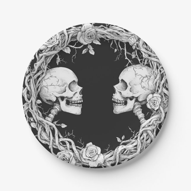 Vintage Victorian Gothic Halloween Skulls Roses Paper Plates (Front)