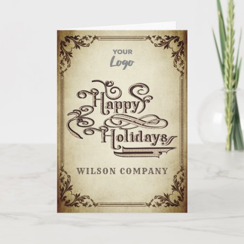 Vintage victorian happy holidays custom logo  holiday card