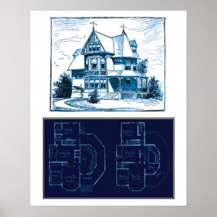 Vintage Victorian House Blueprint Poster