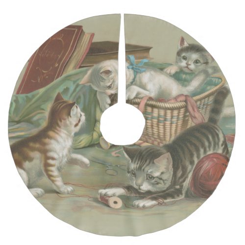 Vintage Victorian Kittens Playing in Sewing Basket Brushed Polyester Tree Skirt